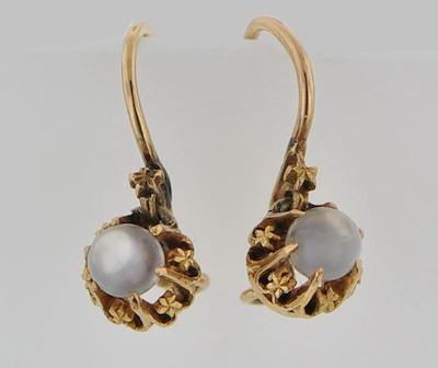 Appraisal: A Pair of Victorian Moonstone Earrings Unmarked yellow gold earrings