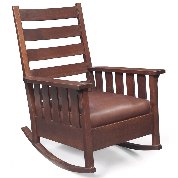 Appraisal: Gustav Stickley rocker fivehorizontal slats at back and five verticalslats