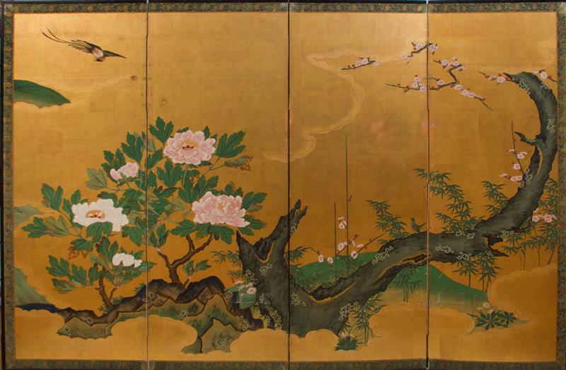 Appraisal: Japanese Gold Ground Four-Panel Paper Screen Decorated with blossoming branches