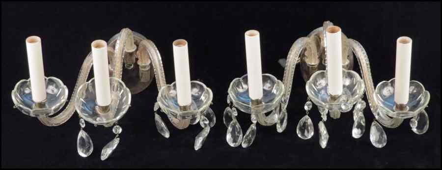 Appraisal: SET OF FOUR THREE-LIGHT CRYSTAL SCONCES H '' W ''