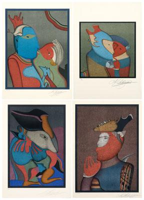 Appraisal: Four Mikhail Chemiakin prints Russian American born carnival figures masked