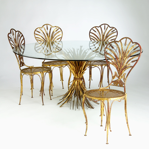 Appraisal: Wrought-iron and gilt glass-top table with wheat motif base and