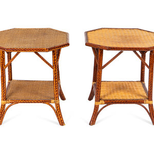 Appraisal: A Pair of Faux Bamboo Painted Side Tables with Rattan