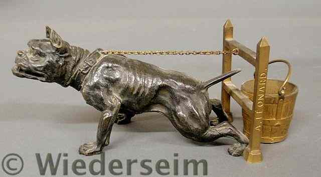 Appraisal: Bronze bulldog with gilt metal fence and pail ate th