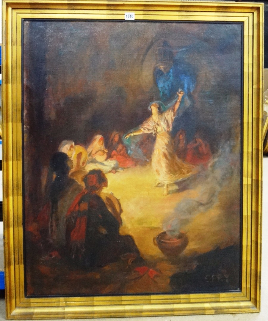 Appraisal: Elizabeth Fry - Dance by firelight oil on canvas signed