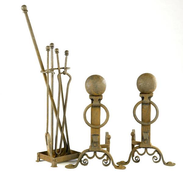 Appraisal: ARTS CRAFTS Fireplace set with ball top andirons complete with