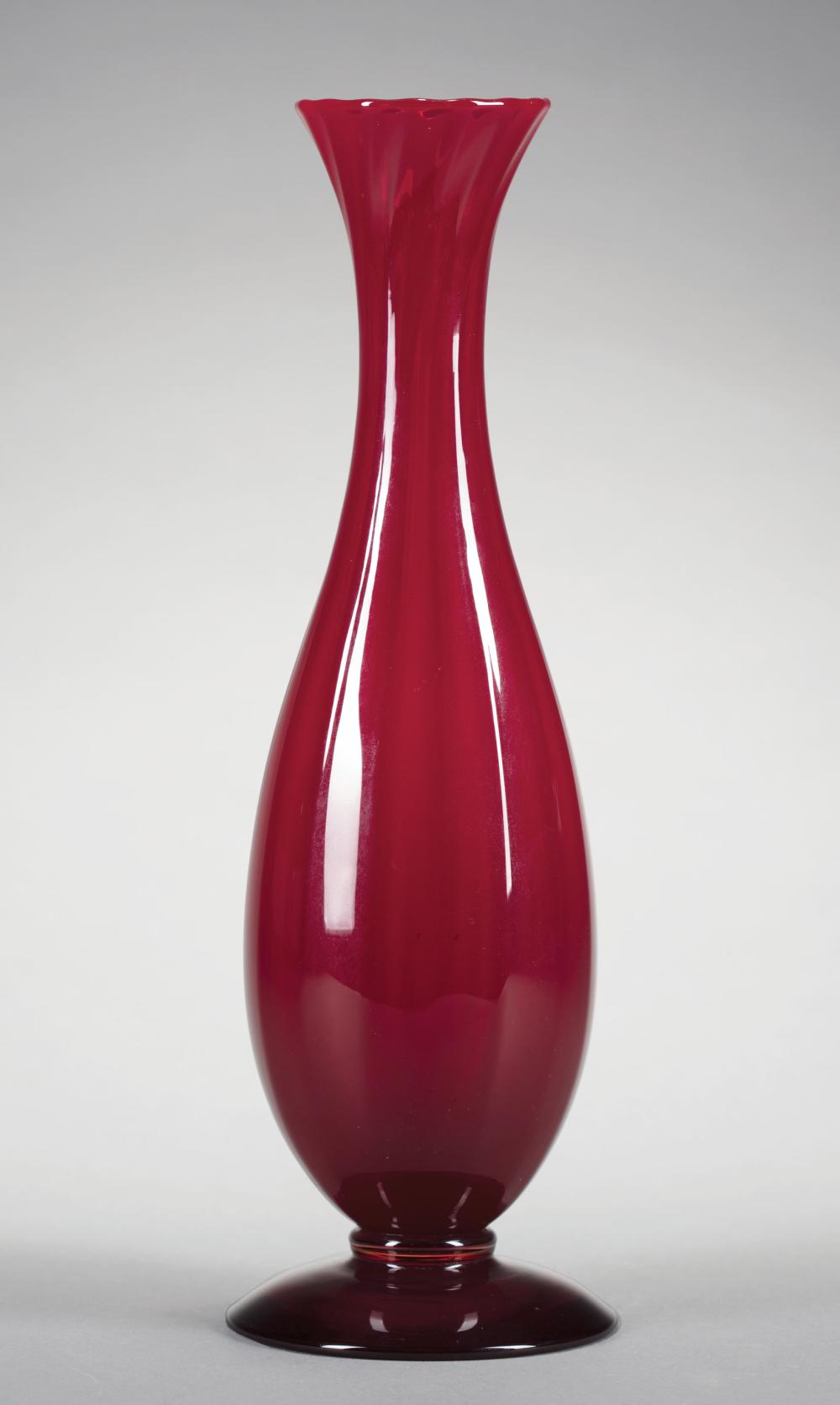 Appraisal: Steuben Glass Selenium-Ruby Footed Vase s Frederick Carder design signed