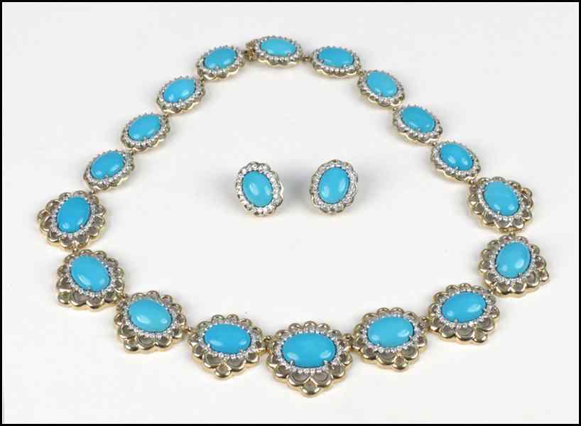 Appraisal: TURQUOISE DIAMOND AND KARAT GOLD DEMI-PARURE Comprised of a necklace