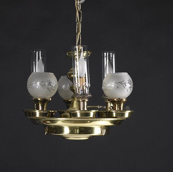 Appraisal: BRASS CHANDELIER Six light with alternating hurricane and gas lights