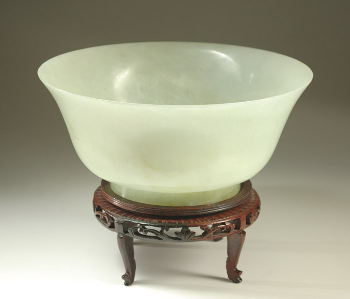 Appraisal: LARGE CHINESE GREEN JADE BOWL on conforming wood carved stand