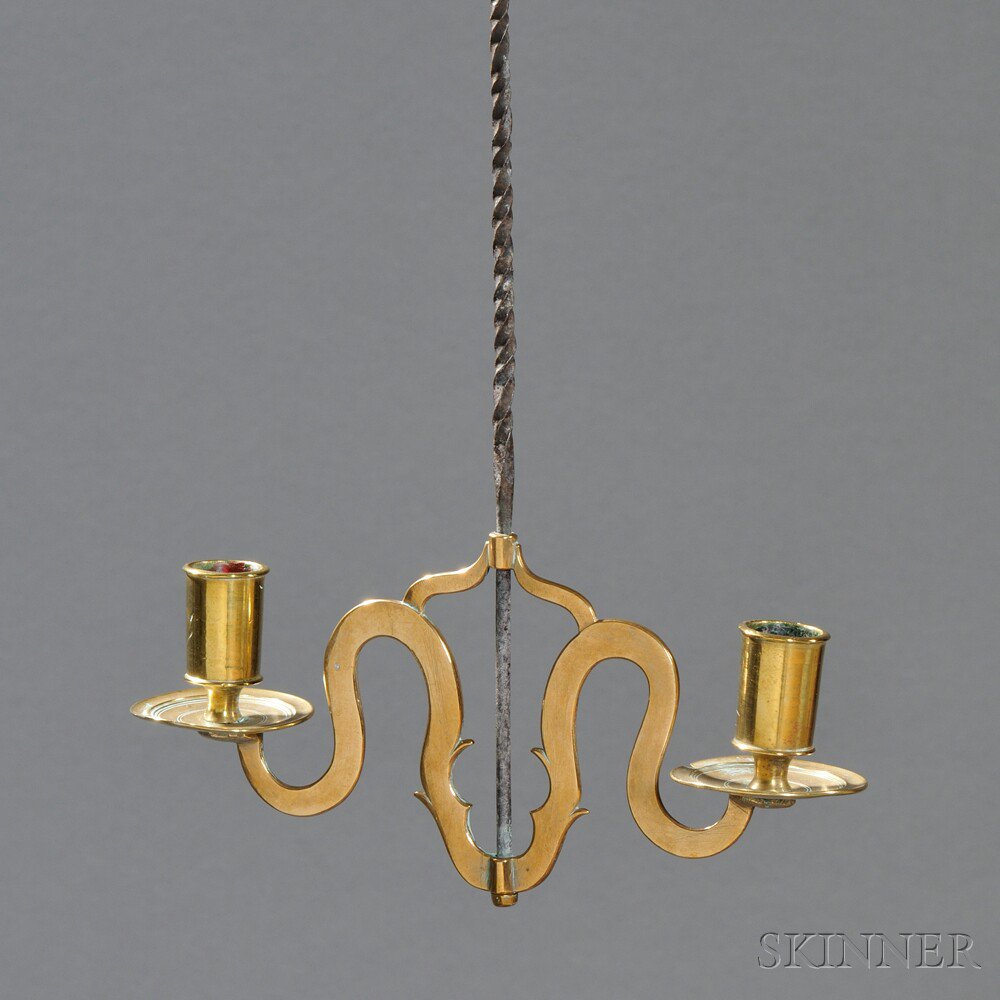 Appraisal: Brass and Iron Adjustable Pendant Two-light Candle Holder America or