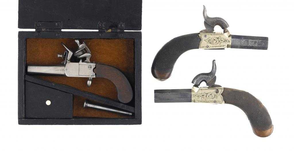 Appraisal: A PAIR OF BORE PERCUSSION POCKET PISTOLS with octagonal cm