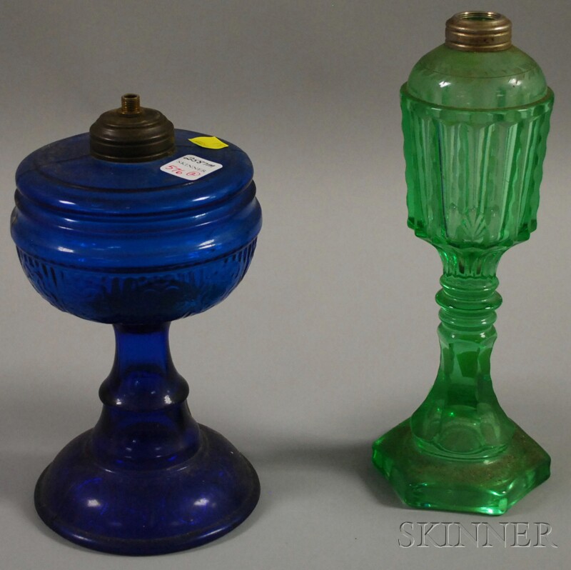 Appraisal: Two Colored Pressed and Etched Glass Fluid-burning Lamps one blue