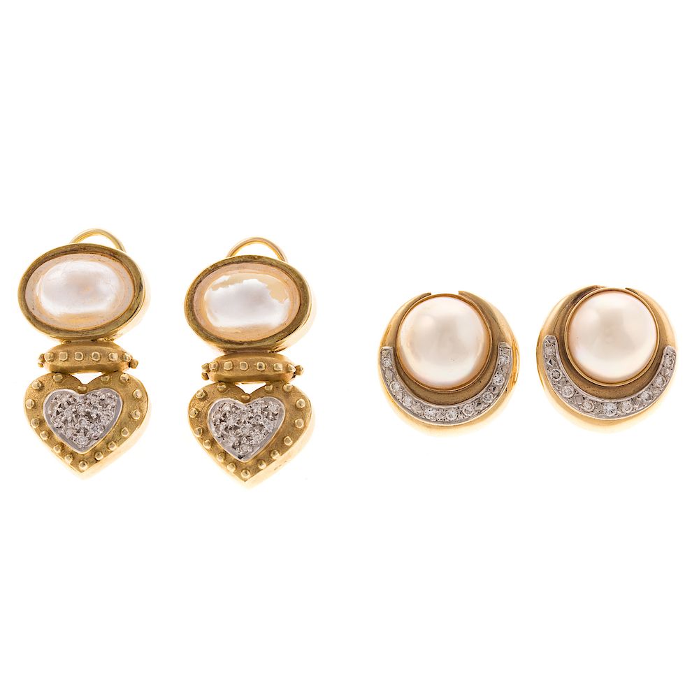 Appraisal: Two Pairs of K Pearl and Diamond Earrings K yellow