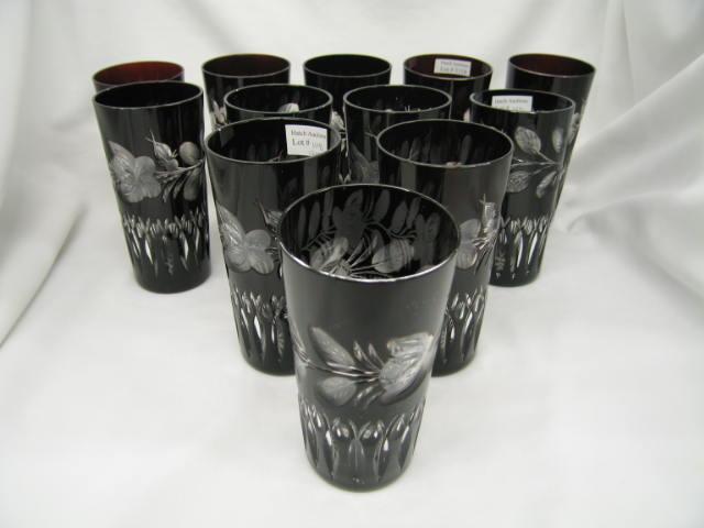 Appraisal: Set of Ruby Cut-to-Clear Tumblers floral decor tall excellent