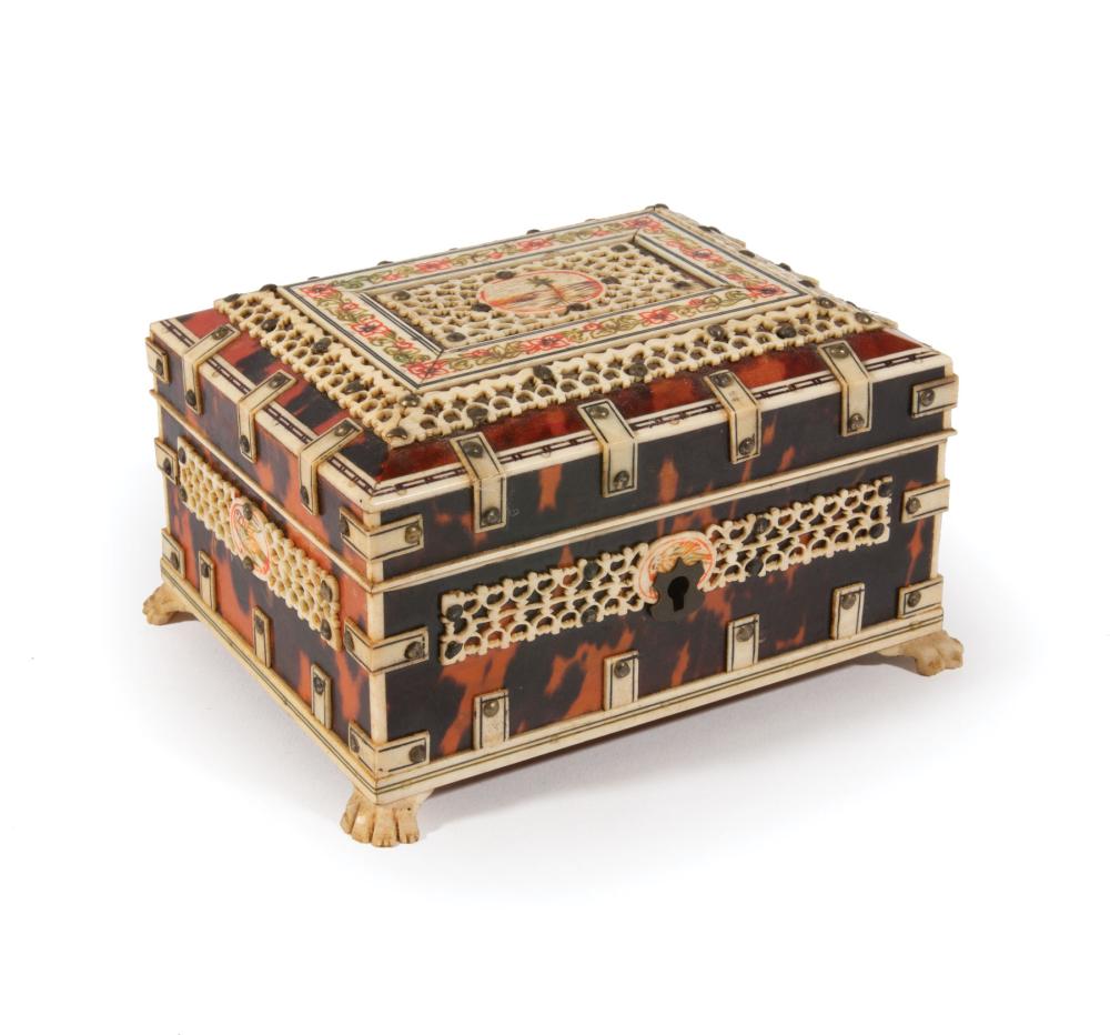 Appraisal: Tortoiseshell Inlaid and Paint-Decorated Dresser Box h in w in