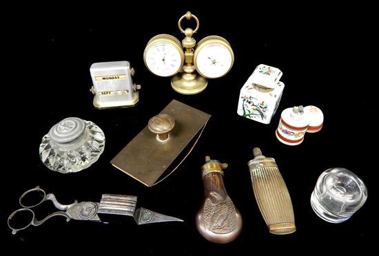 Appraisal: Desk accessories ten pieces including clock-barometer brass hardware with flanking