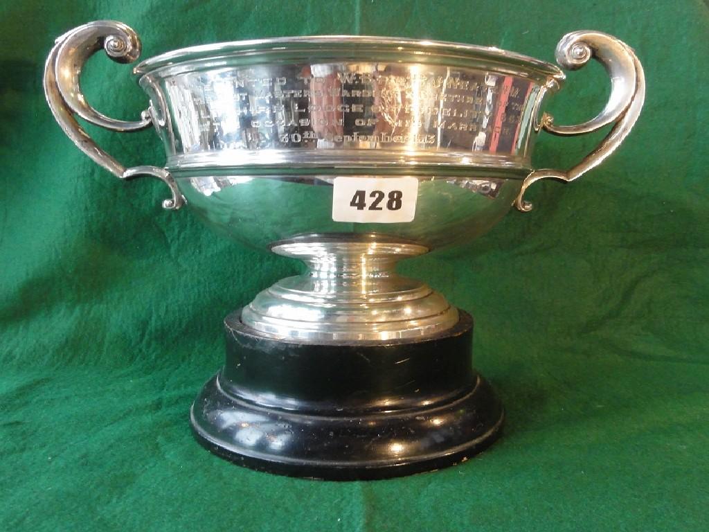 Appraisal: A silver double handled rose bowl trophy bearing an inscription