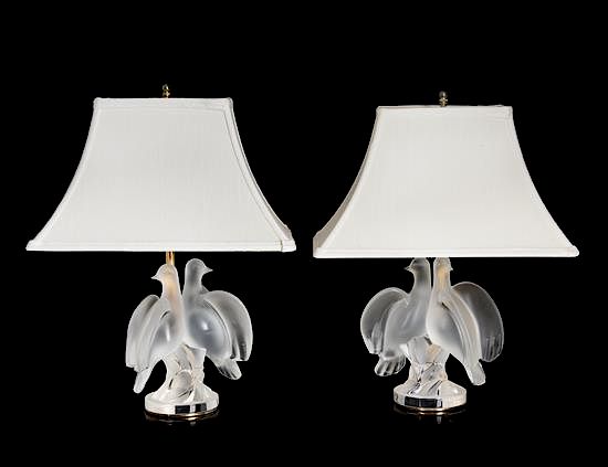 Appraisal: Lalique France th Century Pair of Dove Lamps Lalique France