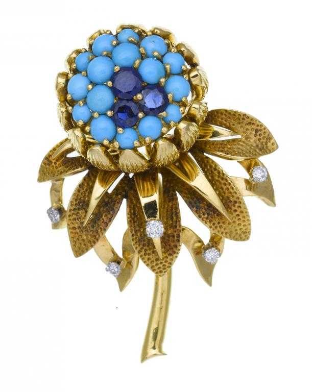 Appraisal: A DIAMOND SAPPHIRE AND TURQUOISE FLOWER BROOCH in gold