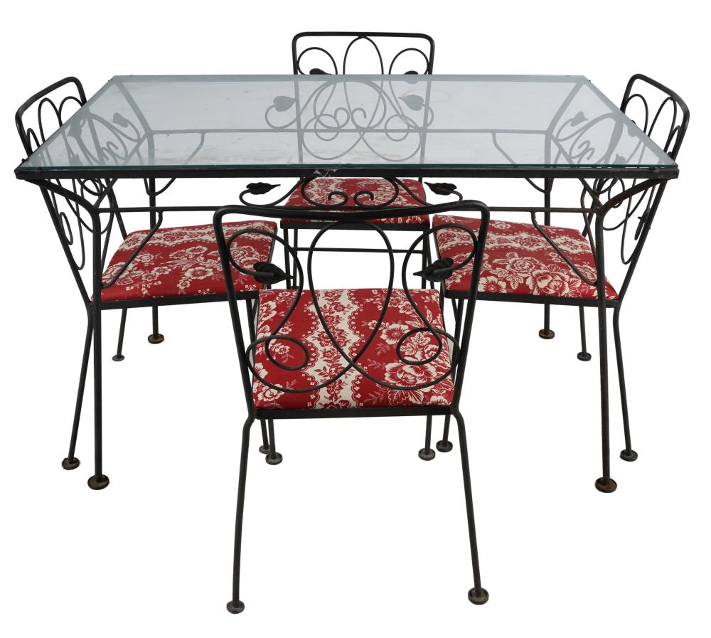 Appraisal: IRON PATIO DINING SETcomprising a rectangular table with glass top