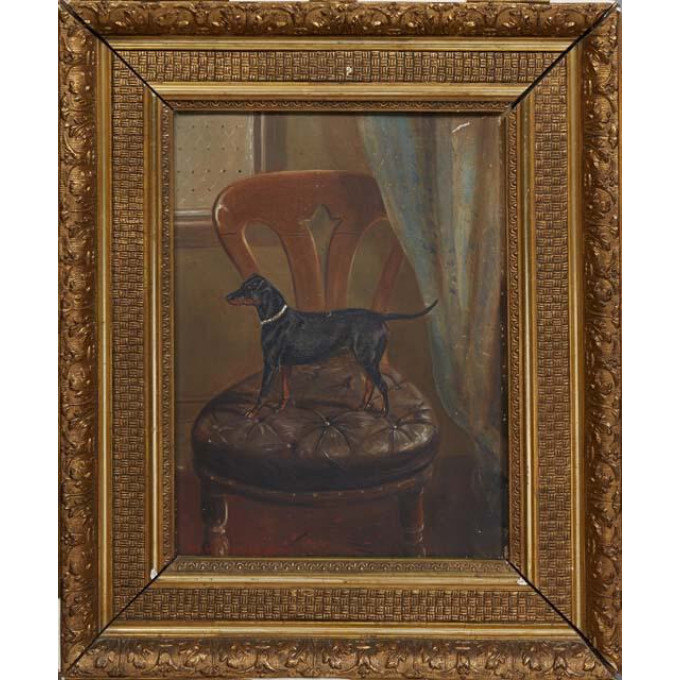 Appraisal: British School Portrait of a Miniature Pinscher on a Chair