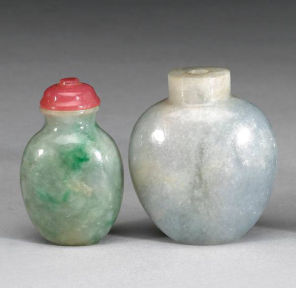 Appraisal: Two mottled green jadeite snuff bottles one lacking stopper Heights