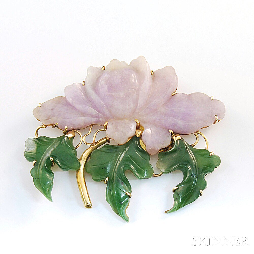 Appraisal: Oversized Lavender and Green Hardstone Flower Brooch with carved purple