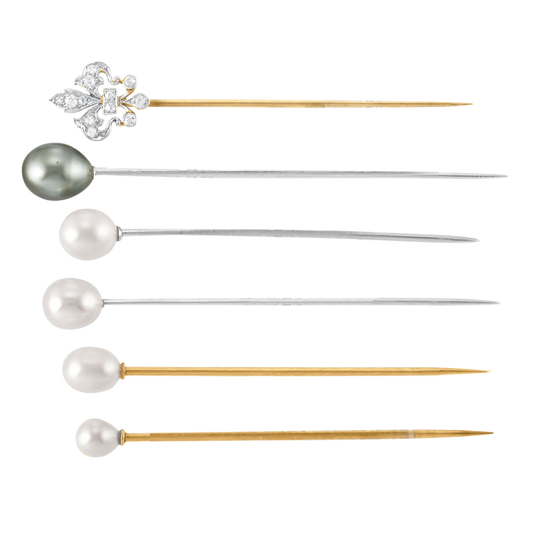 Appraisal: Diamond Stickpin and Five Pearl Stickpins Platinum white yellow gold