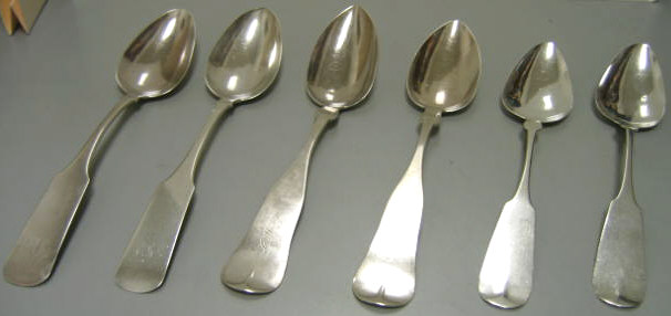 Appraisal: SIX ANTIQUE AMERICAN SILVER TABLESPOONS Mostly coin silver Fiddle handles