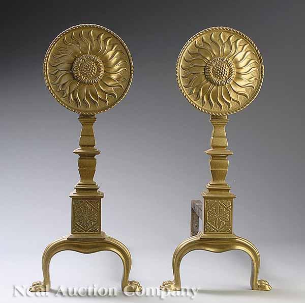 Appraisal: A Pair of English Arts and Crafts Brass Sunflower Andirons