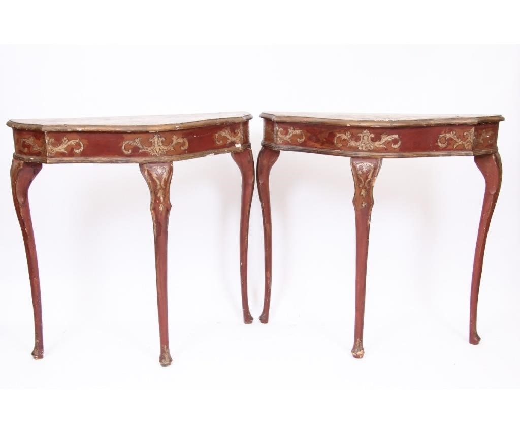 Appraisal: Painted Queen Anne style console tables with faux marble tops