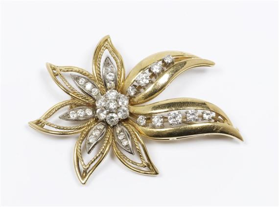 Appraisal: DIAMOND GOLD BROOCH ca Yellow and white gold g Decorative