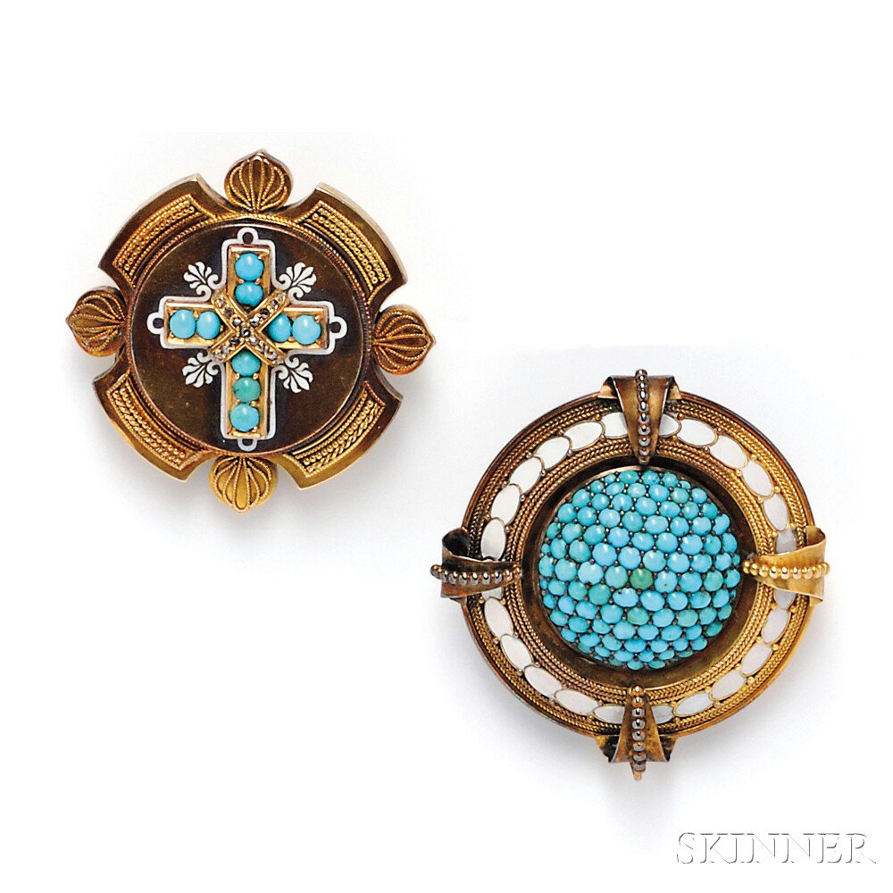 Appraisal: Two Antique Gold and Turquoise Pendant Brooches a target brooch