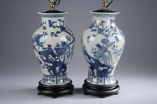 Appraisal: PAIR CHINESE BLUE AND WHITE PORCELAIN VASES Bird and floral