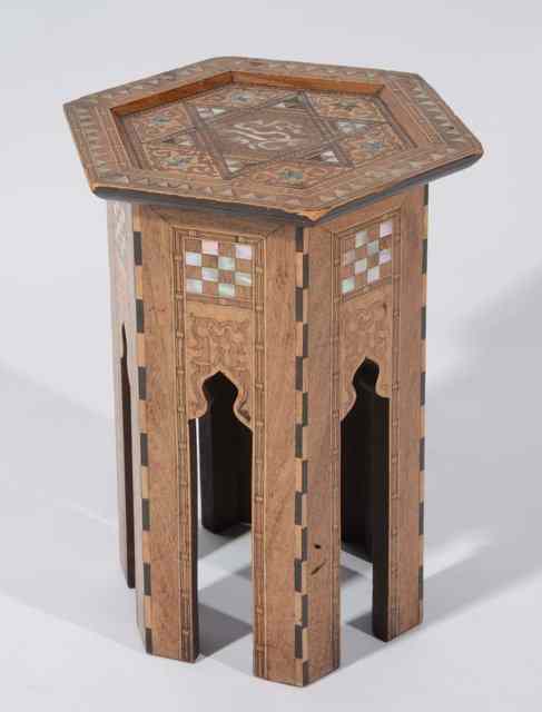 Appraisal: A DAMASCUS INLAID HEXAGONAL OCCASIONAL TABLE with central mother of