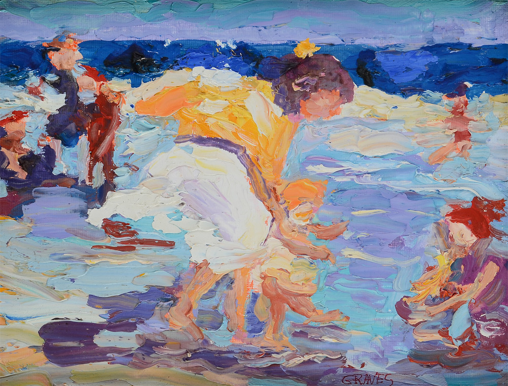 Appraisal: GOOD IMPRESSIONIST BEACH SCENE WITH FAMILY PLAYING SIGNED GRAVES Oil