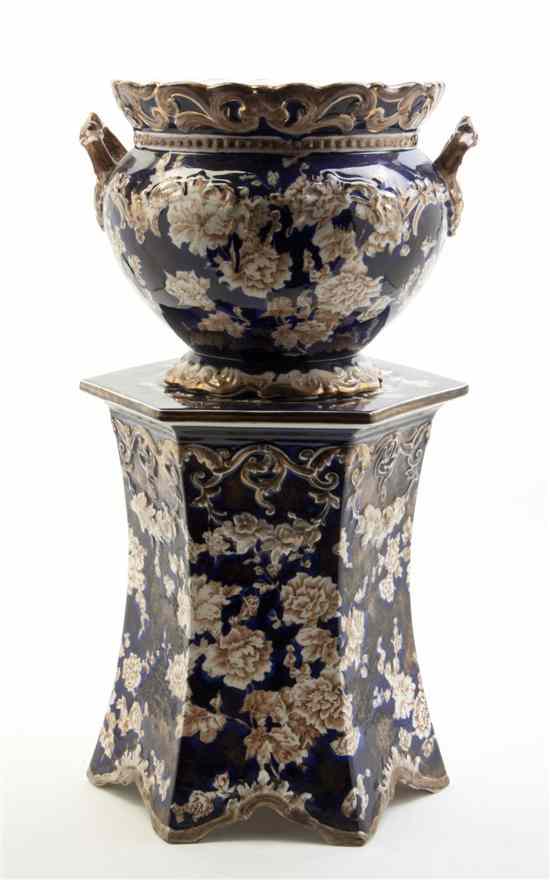 Appraisal: A Pottery Jardiniere on Pedestal Wheeling Pottery Co the jardiniere