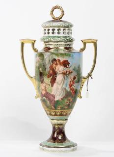 Appraisal: Royal Vienna style painted porcelain lidded urn having a gilt