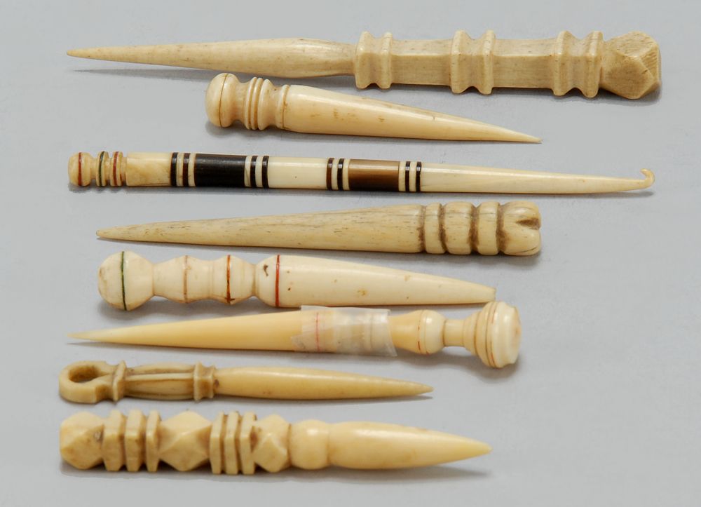 Appraisal: SEVEN WHALE IVORY OR WHALEBONE BODKINS AND CROCHET HOOKS th