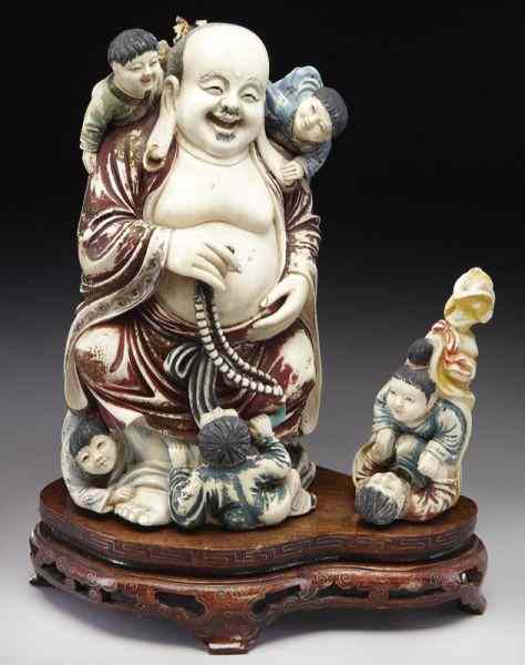 Appraisal: Chinese carved polychrome ivory Happy Buddha International buyers should note