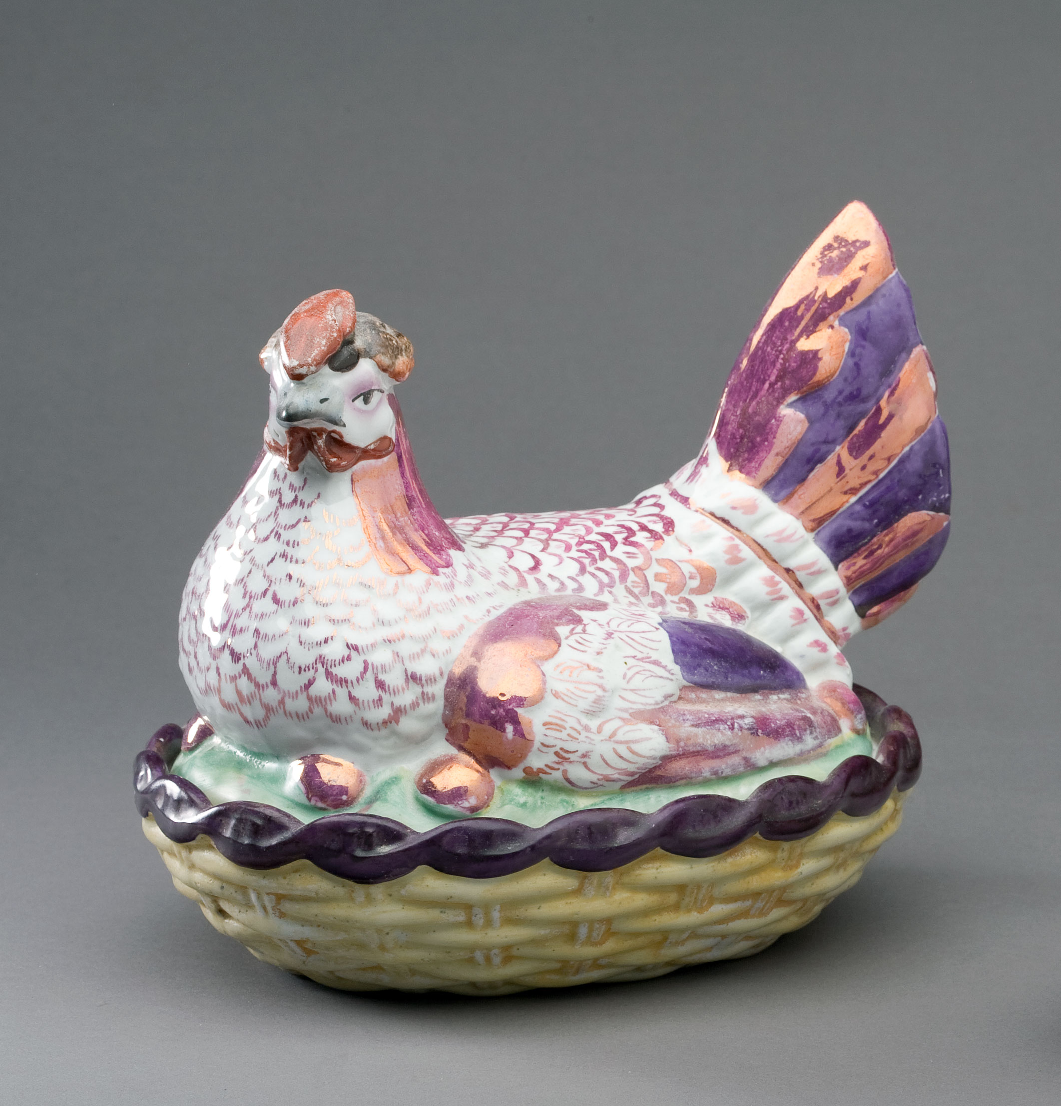 Appraisal: RARE STAFFORDSHIRE PINK PURPLE LUSTRE AND ENAMEL-DECORATED HEN TUREEN AND