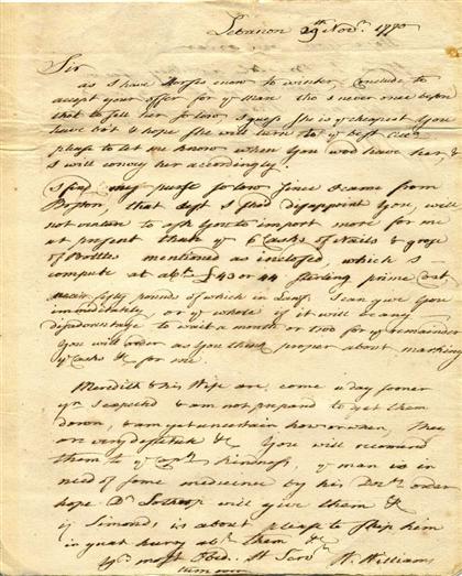 Appraisal: piece Autograph Letter Signed Williams W illiam Lebanon Connecticut Nov