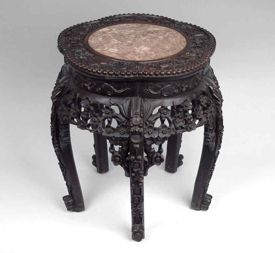 Appraisal: CHINESE CARVED MARBLE INLAID JARDINIERE STAND Intricately carved flowers motif