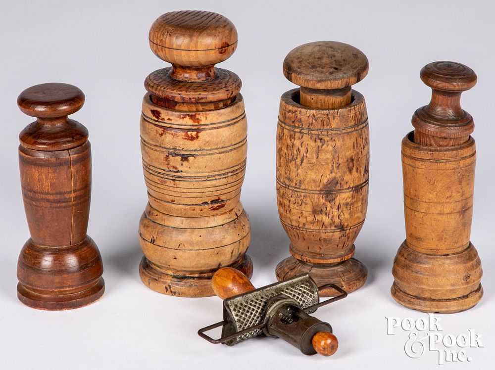 Appraisal: Four Scandinavian turned wood herb grinders Four Scandinavian turned wood