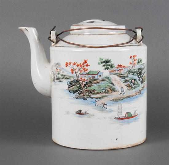 Appraisal: Chinese Export porcelain drum-form teapot th century with river scene