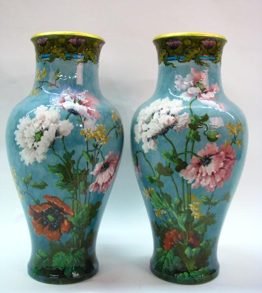 Appraisal: Pair of Large French Art Nouveau Majolica Vases Circa Signed