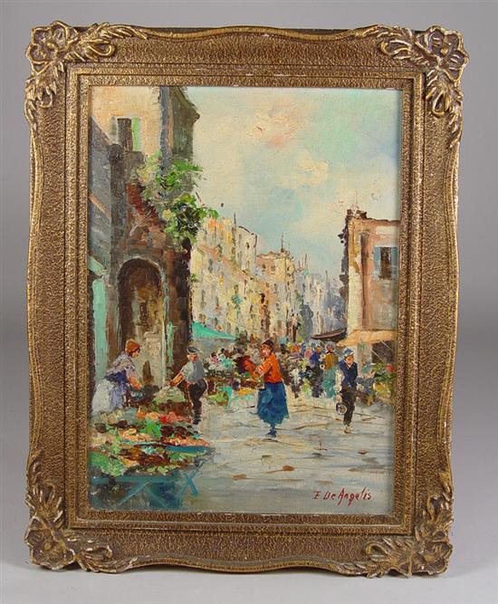 Appraisal: Oil on Board European Street Scene With figures and flower