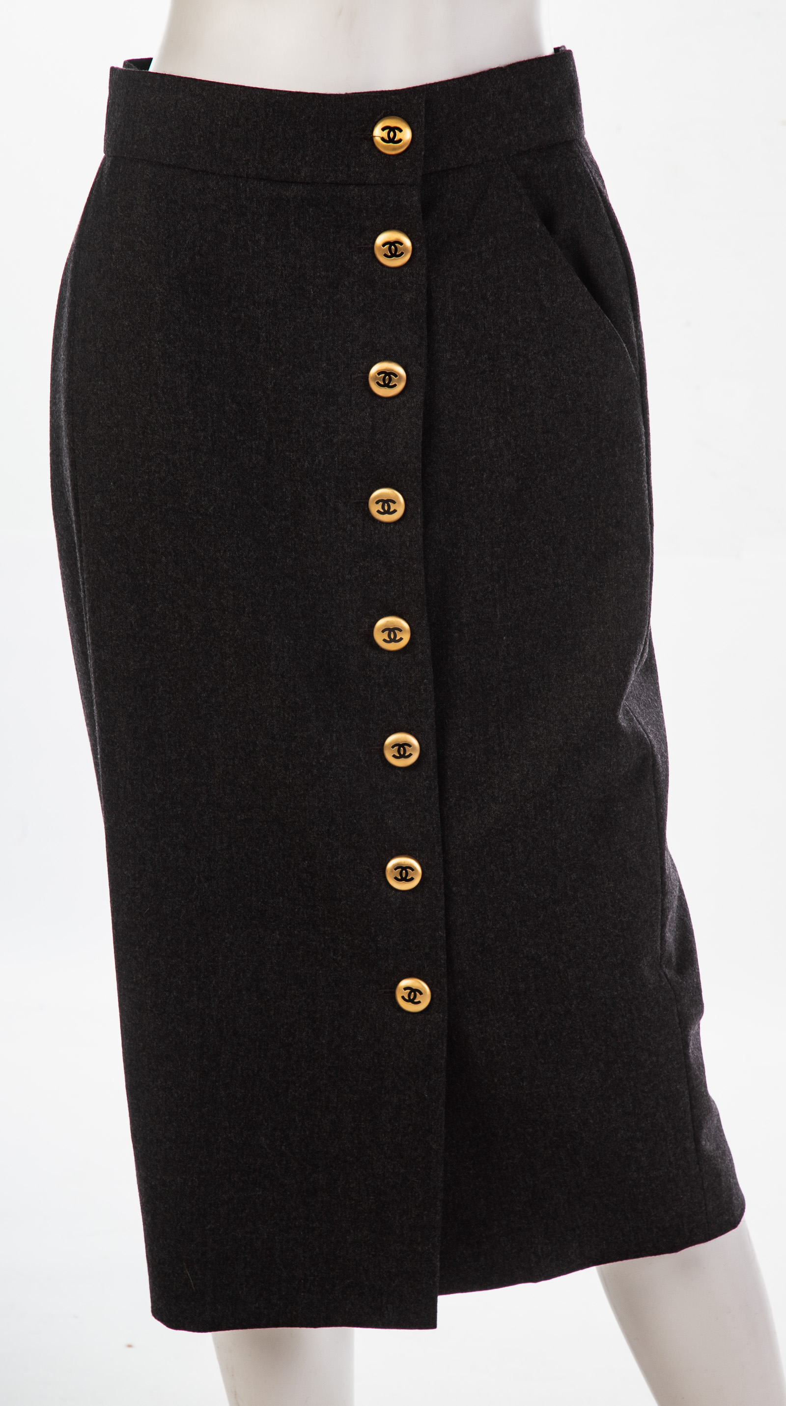 Appraisal: CHANEL BOUTIQUE PENCIL SKIRT Featuring Chanel logo buttons grey wool