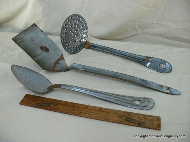 Appraisal: Trio of Antique Grey Graniteware Kitchen Utensils - in good